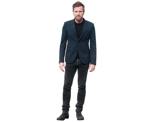 A Lifesize Cardboard Cutout of Ewan McGregor wearing a suit and t-shirt