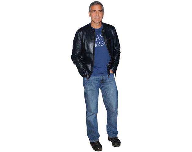 A Lifesize Cardboard Cutout of George Clooney wearing a leather jacket