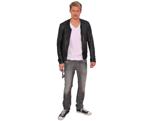 A Lifesize Cardboard Cutout of Chord Overstreet wearing leather