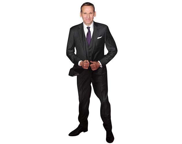 A Lifesize Cardboard Cutout of Christopher Ecclestone wearing a dark suit and tie