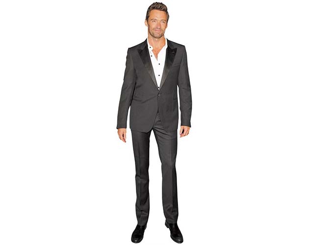 A Lifesize Cardboard Cutout of Hugh Jackman wearing a casual suit
