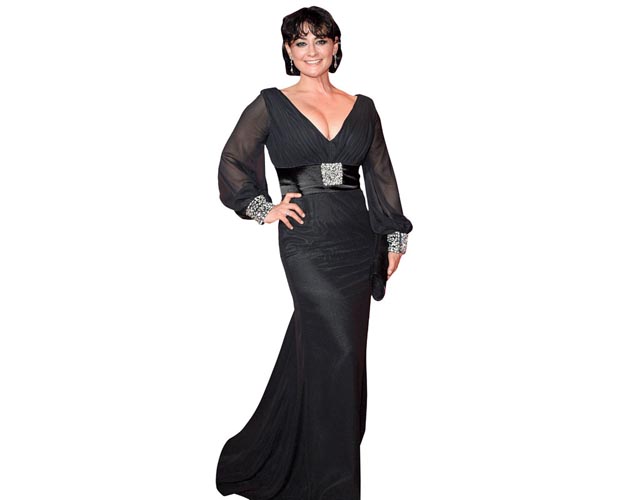 A Lifesize Cardboard Cutout of Natalie J Robb wearing a black gown
