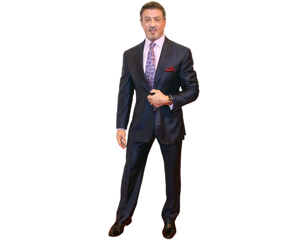 A Lifesize Cardboard Cutout of Sylvester Stallone wearing a suit