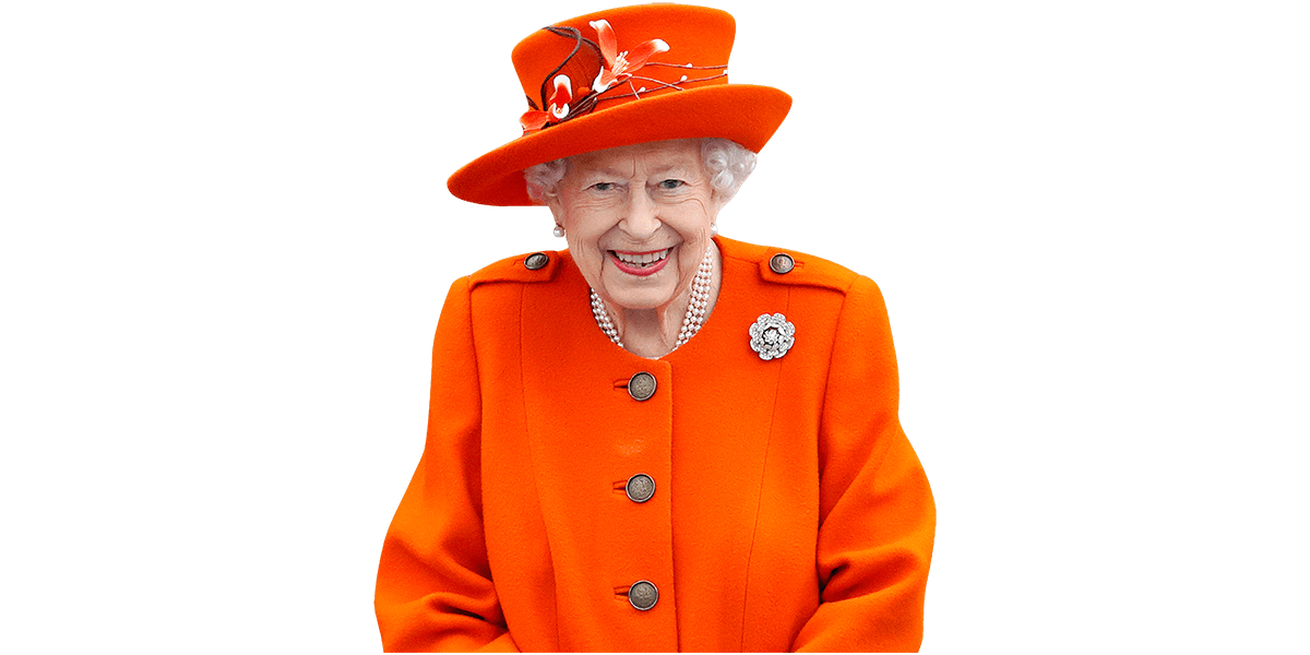 Featured image for “HRH The Queen (Orange Outfit) Half Body Buddy Cutout”